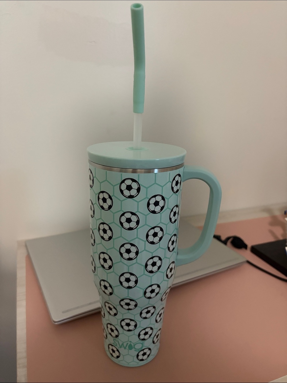 Mint Green Soccer-Print Insulated Travel Tumbler with Straw